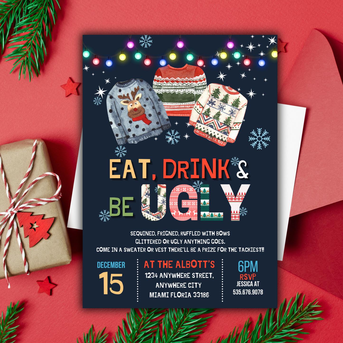 Ugly Sweater Christmas Party Invitation | Editable Canva Template