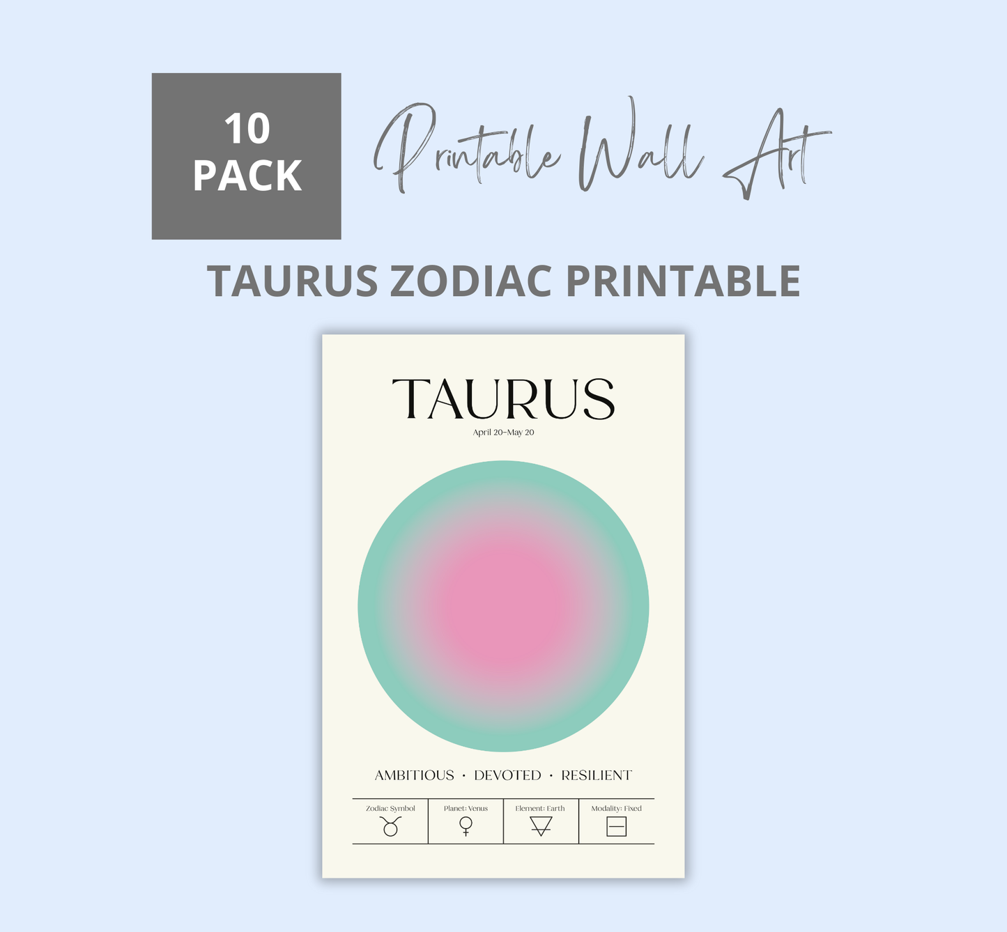 Taurus Zodiac Printable Wall Art | Astrology Digital Download