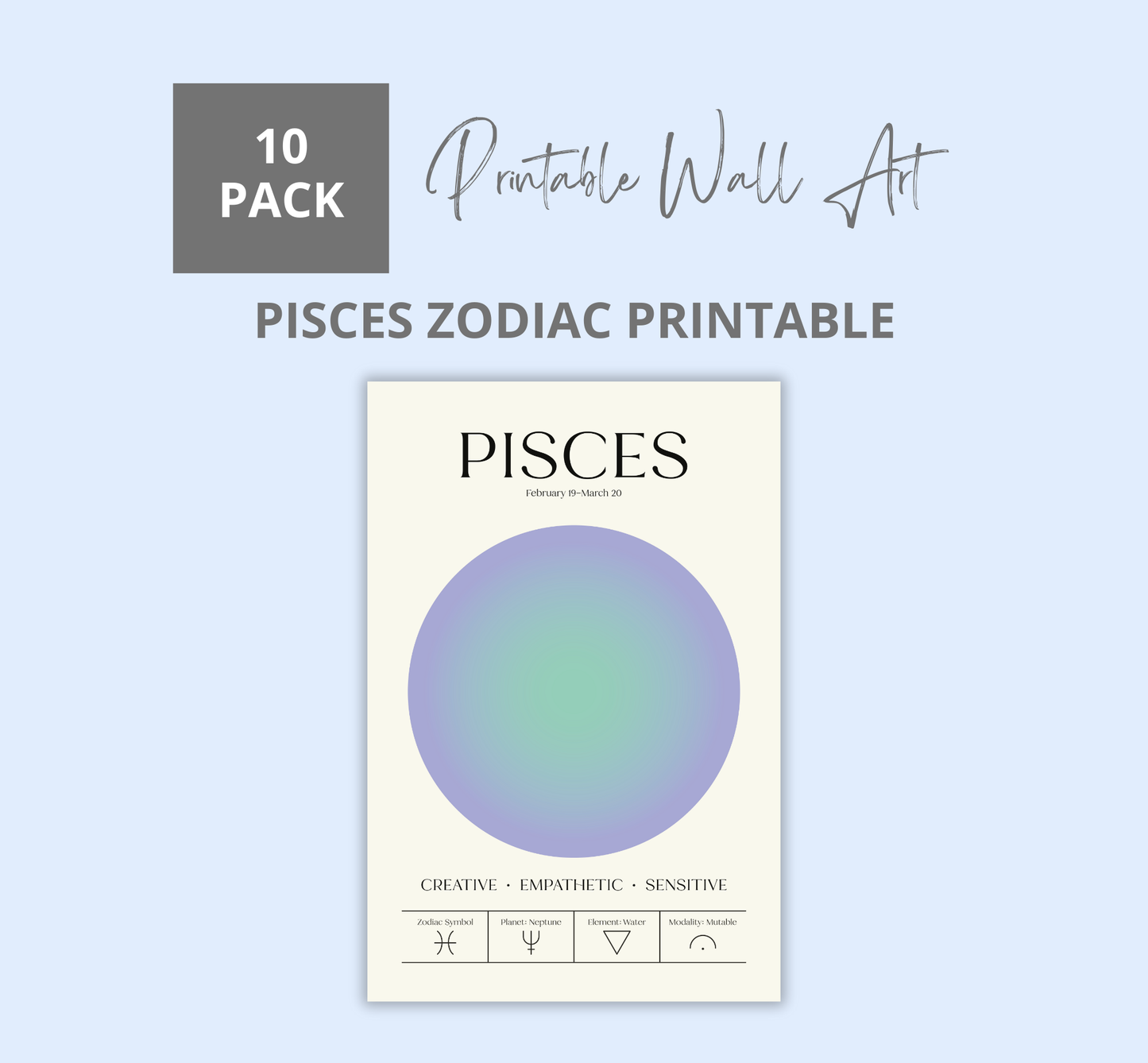 Pisces Zodiac Printable Wall Art | Dreamy Astrology Digital Download